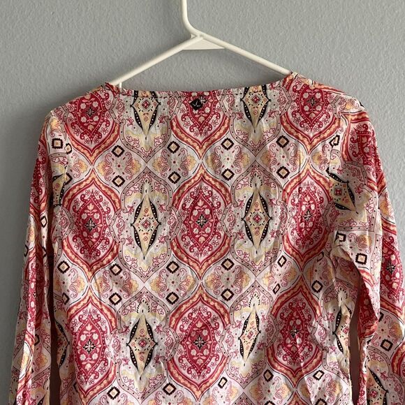 Prana Cotton Tunic Pink White Patterned Fabric V-Neck Split Hem Bottom Sleeves S - Picture 7 of 12